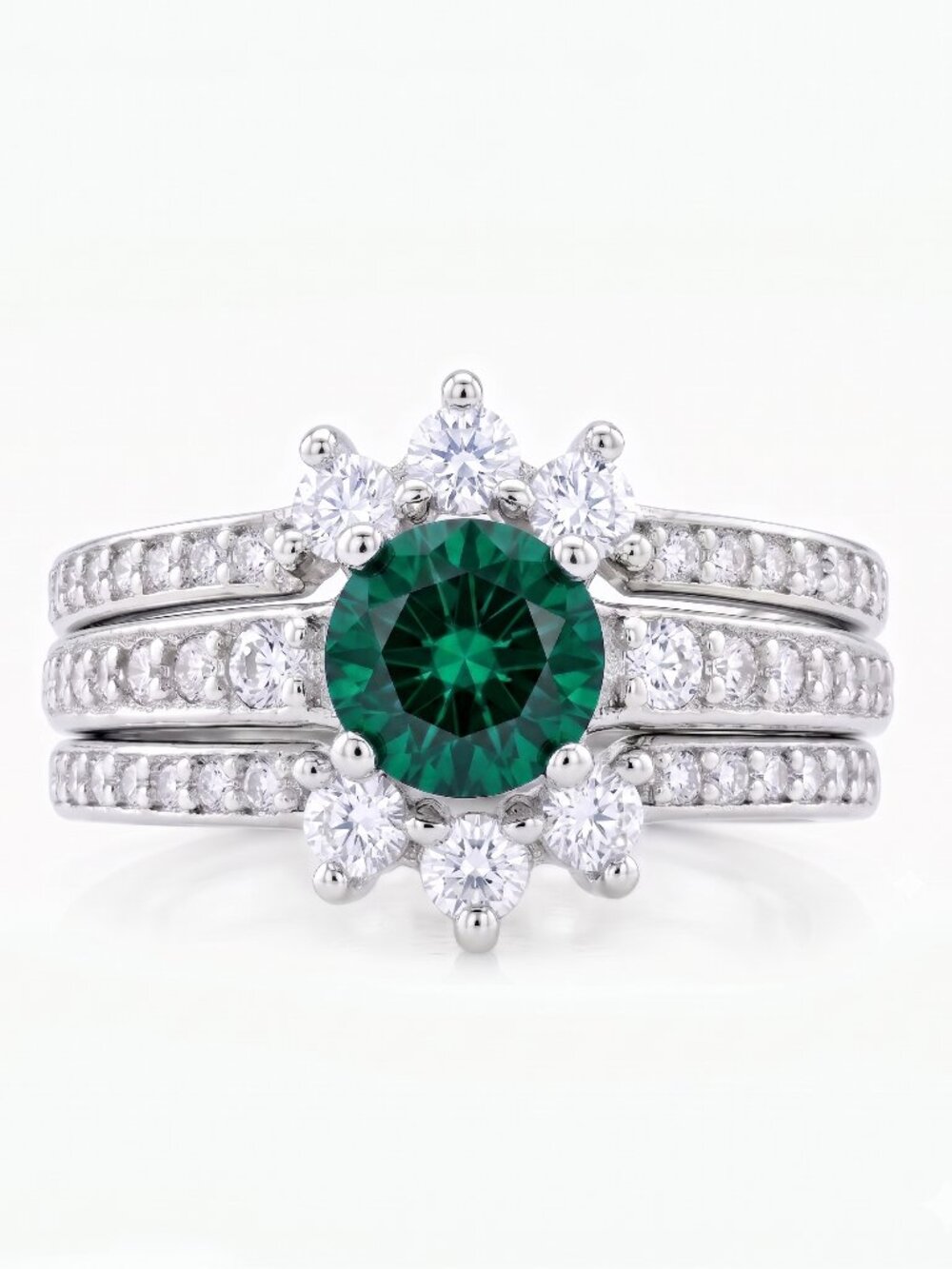Emerald Green 3 Piece Ring set, real 925 Sterling Silver Charmed Aroma